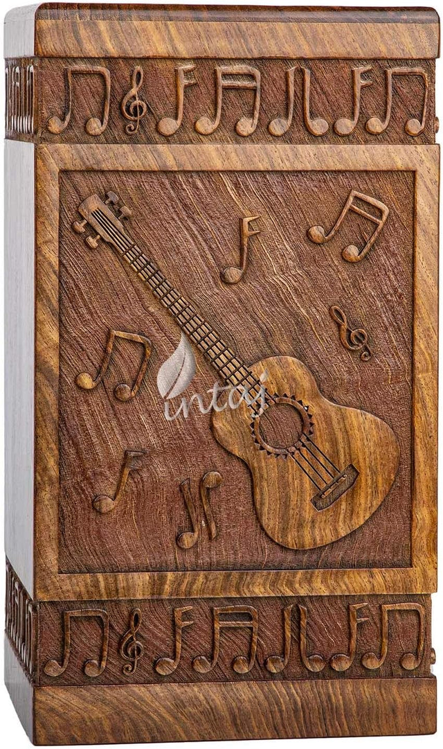 Handcarved Wooden Cremation Urn – Guitar Design Memorial Urn – Suitable for Adult Men & Women, Children & Pets – 250lbs Capacity