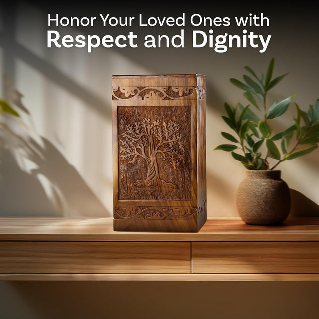 Handcarved Wooden Cremation Urn – Tree of Life Design – Suitable for Adult Men & Women, Children & Pets – 180 Cubic Inch Capacity