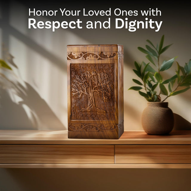 Handcarved Wooden Cremation Urn – Tree of Life – Suitable for Adults – 640lbs Capacity