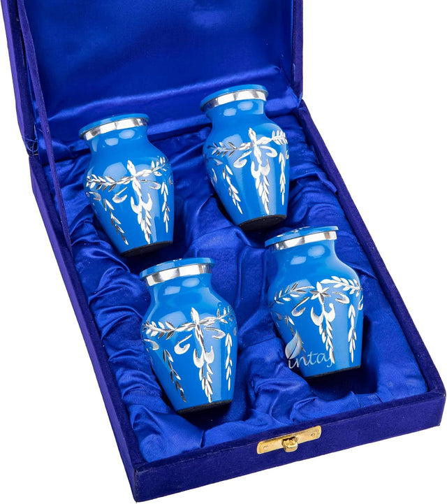 Handcrafted Diamond Cut Cremation Urn – Cobalt Finish – Suitable for Adult Men & Women, Mom & Dad – Small Set of 4