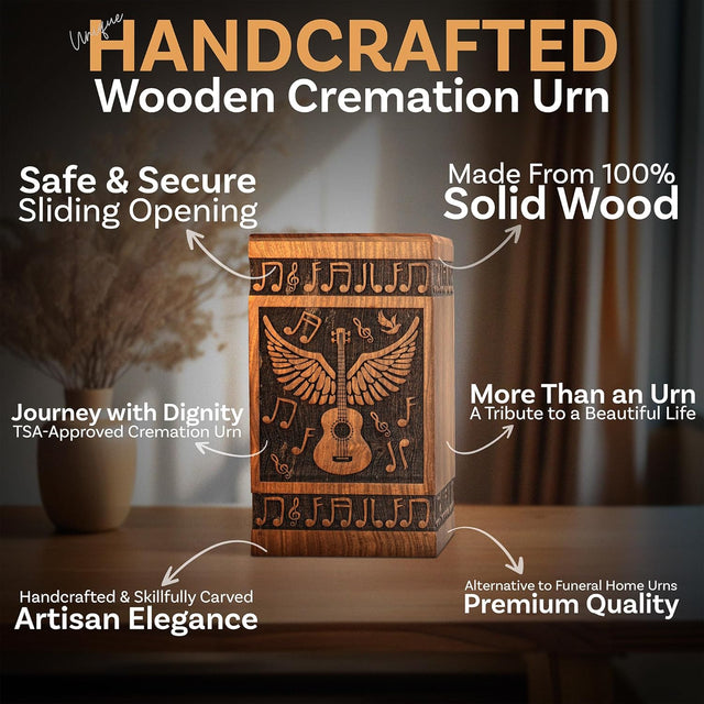 Handcarved Wooden Cremation Urn – Angelic Guitar Wings Design in Rosewood – Suitable for Adult Men & Women, Mom & Dad – 640lbs Capacity