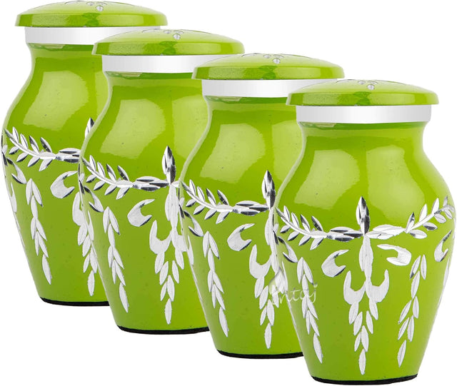 Handcrafted Cremation Urn Set – Diamond Cut Lime Green Design – Suitable for Adult Men & Women, Mom & Dad – Keepsake Size (Set of 4)