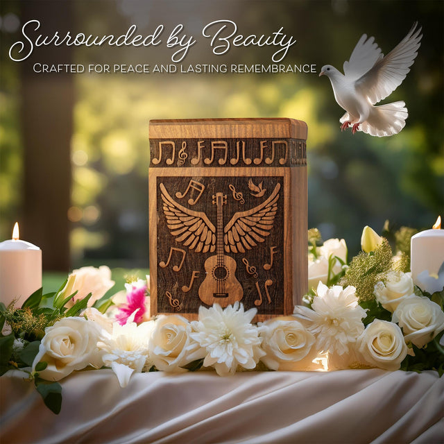 Handcrafted Wooden Cremation Urn – Guitar Wings of Angel – Suitable for Men, Women, Mom & Dad – 250lbs