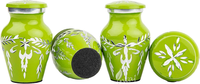 Handcrafted Cremation Urn Set – Diamond Cut Lime Green Design – Suitable for Adult Men & Women, Mom & Dad – Keepsake Size (Set of 4)