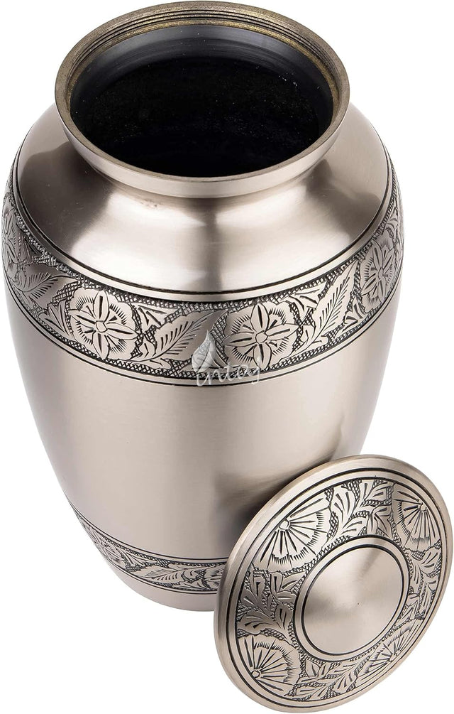 Handcrafted Brass Cremation Urn – Pewter Finish Design – Suitable for Adult Men & Women, Mom & Dad – 250lbs Capacity
