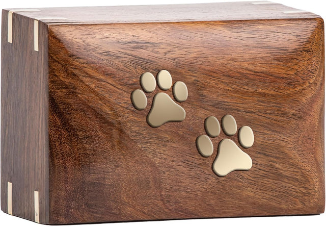 Handcarved Wooden Pet Cremation Urn – Two Paws Inlaid Design – Suitable for Dogs & Cats – Memorial Keepsake Urn – 7.5x5.5x3.75 Size
