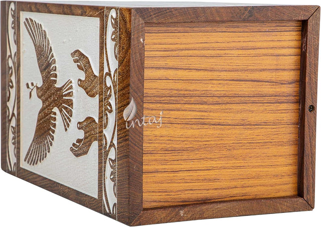 Handcarved Wooden Cremation Urn – Peaceful Bird Design in Daisy White – Suitable for Adult Men & Women, Mom & Dad, and Pet Dogs – Customizable Personalization – 20lbs Capacity