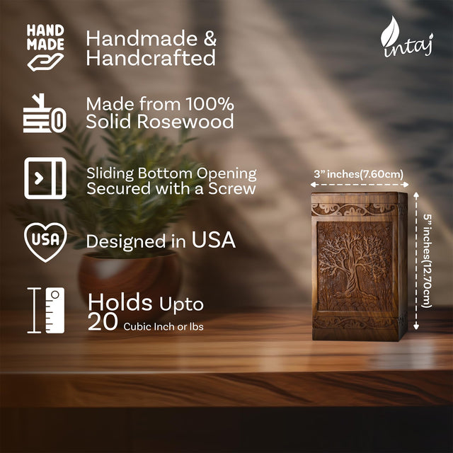 Mini Rosewood Keepsake Urn – Tree of Life – Suitable for Men, Women, Mom & Dad – 20lbs