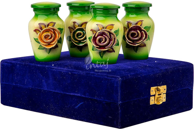 Handcrafted Floral Cremation Urn – Olive Green Rose Design – Suitable for Adult Men & Women – Keepsake Set of 4