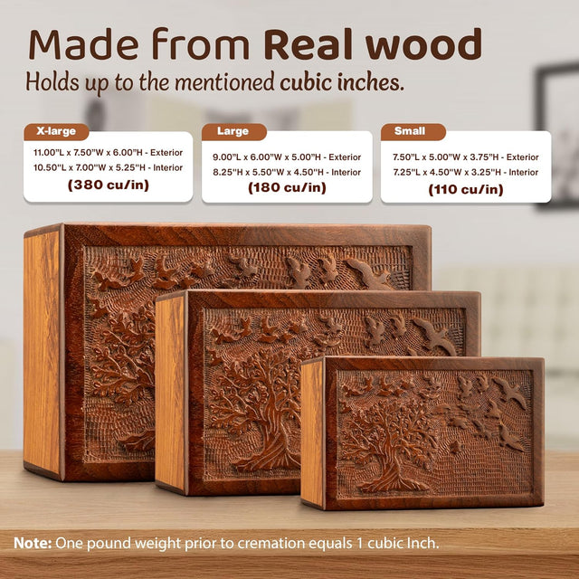 Handcarved Wooden Cremation Urn – Tree of Life Design – Suitable for Adult Men & Women, Mom & Dad, Children & Pets – 200 Cu/in Capacity