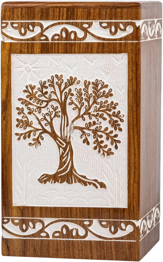 Handcarved Wooden Cremation Urn – Tree of Life Design in Antique Rosewood – Suitable for Adult Men & Women, Mom & Dad – 640 Cu/in Capacity