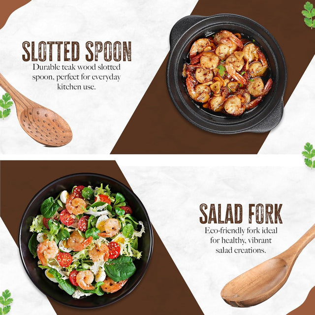 Handcrafted Teak Wooden Cooking Spoons – Ergonomic Stirring, Mixing, Scraping & Serving – Durable & Nonstick Safe – Ideal for Nonstick, Cast Iron & Ceramic Cookware – 6 Piece Set