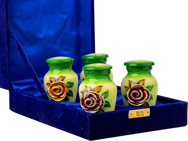 Handcrafted Floral Cremation Urn – Olive Green Rose Design – Suitable for Adult Men & Women – Keepsake Set of 4