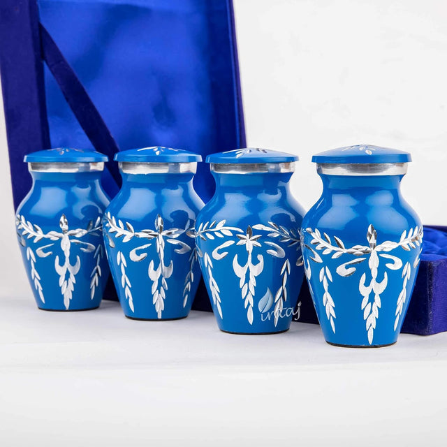 Handcrafted Diamond Cut Cremation Urn – Cobalt Finish – Suitable for Adult Men & Women, Mom & Dad – Small Set of 4