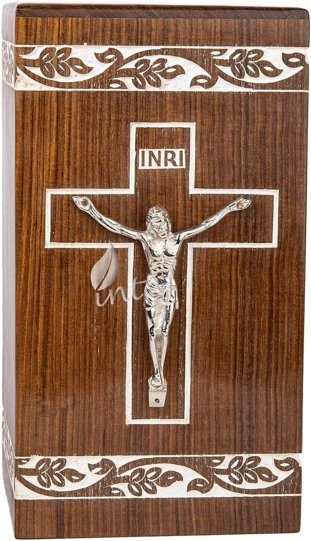 Handcarved Wooden Cremation Urn – Grace and Mercy Cross Design – Suitable for Adult Men & Women, Mom & Dad – 250 Cu/in Capacity