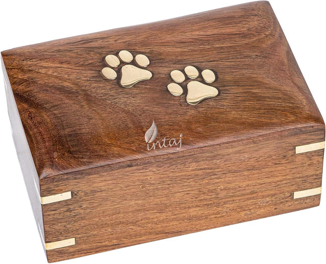 Handcarved Wooden Pet Cremation Urn – Two Paws Design – Suitable for Dogs & Cats – Memorial Keepsake Urn – M Size