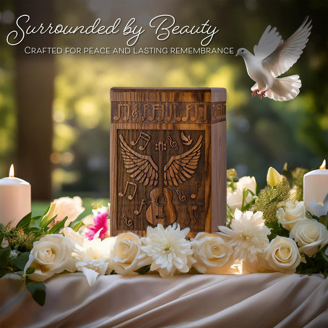 Handcrafted Wooden Cremation Urn – Guitar Wings of Angel – Suitable for Men, Women, Mom & Dad – 250lbs