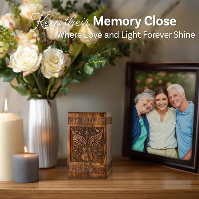 Handcarved Wooden Cremation Urn β Angel Wings Guitar Design in Rosewood β Suitable for Adult Men & Women, Mom & Dad β 20 Cu/in Keepsake Capacity