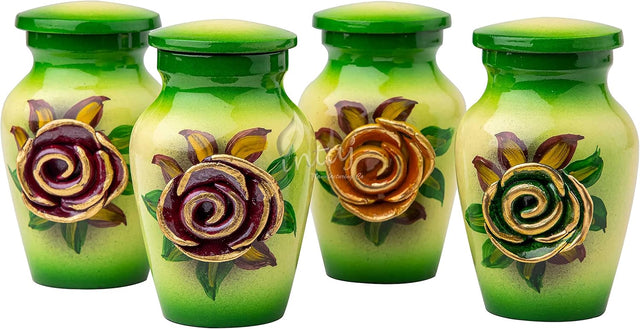 Handcrafted Floral Cremation Urn – Olive Green Rose Design – Suitable for Adult Men & Women – Keepsake Set of 4