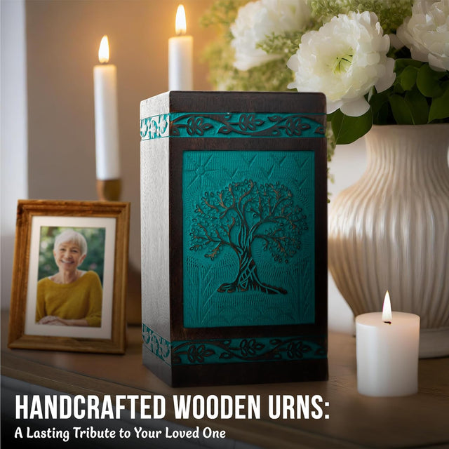 Handcarved Wooden Cremation Urn – Tree of Life Design – Suitable for Adult Men & Women, Mom & Dad – 250lbs Capacity