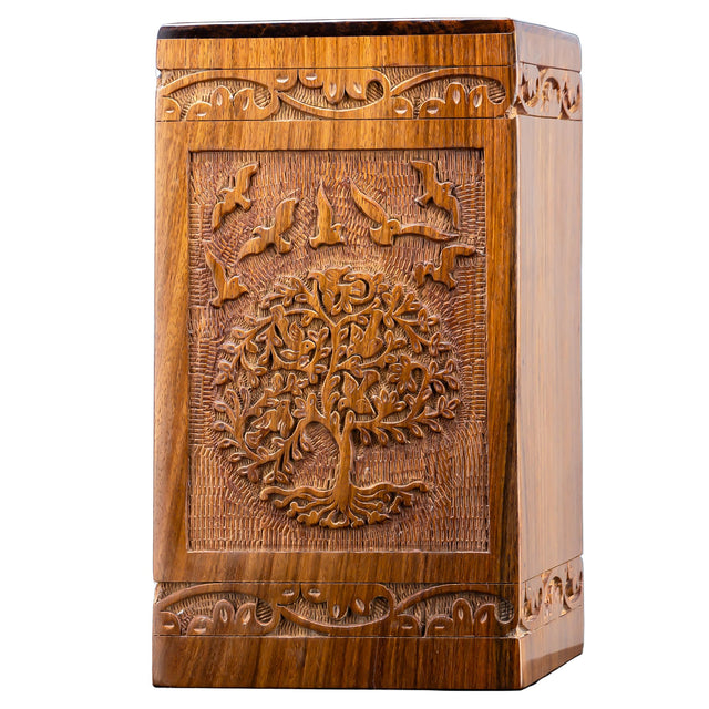 Tree of Life Wooden Urn – Suitable for Men, Women, Mom & Dad – 20lbs Capacity – Mini Rosewood Keepsake Cremation Urn