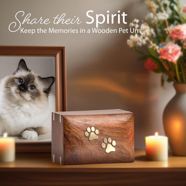 Handcarved Wooden Pet Cremation Urn – Two Paws Design – Suitable for Dogs & Cats – 6x4x2.75 Size
