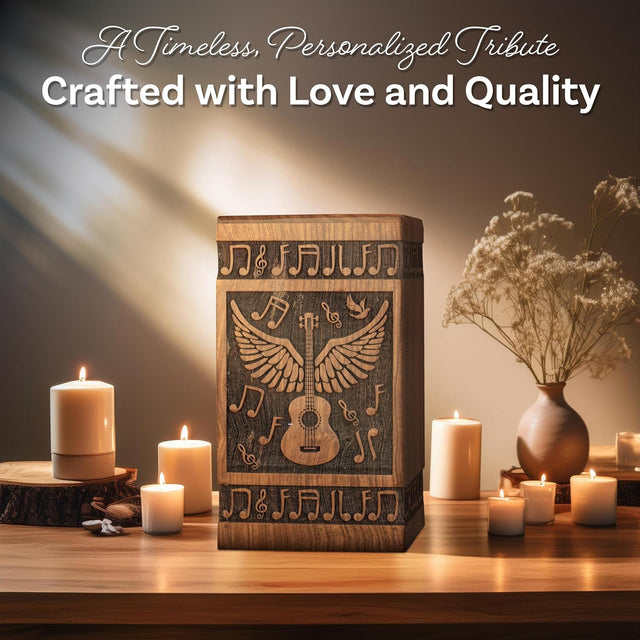 Handcarved Wooden Cremation Urn – Angelic Guitar Wings Design in Rosewood – Suitable for Adult Men & Women, Mom & Dad – 640lbs Capacity
