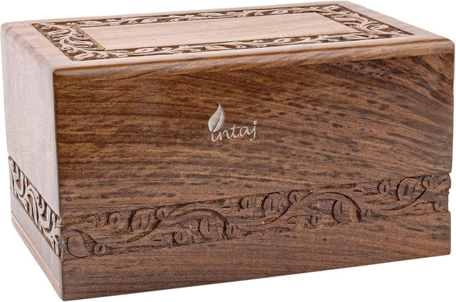 Handcarved Wooden Cremation Urn – Custom Border Carved Design in Rosewood – Suitable for Adult Men & Women, Mom & Dad – 90 Cu/in Capacity