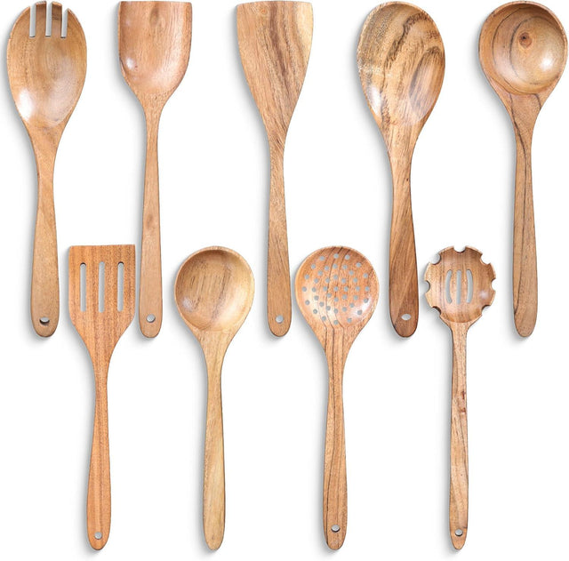 Handcrafted Teak Wooden Cooking Spoons – Ergonomic Stirring, Mixing, Scraping & Serving – Durable & Nonstick Safe – Ideal for Nonstick, Cast Iron & Ceramic Cookware – 9 Piece Set