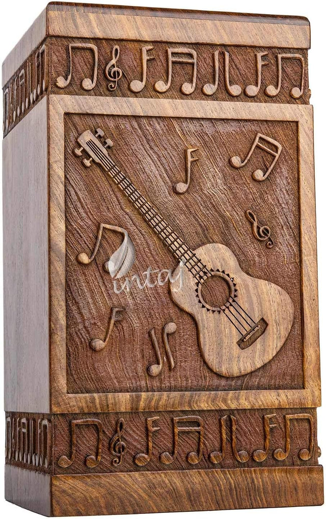 Handcarved Wooden Cremation Urn – Guitar Design Memorial Urn – Suitable for Adult Men & Women, Children & Pets – 250lbs Capacity