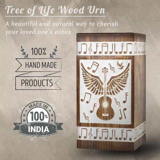 Handcrafted Wooden Cremation Urn – Guitar Wings of Angel – Suitable for Men, Women, Mom & Dad – 250lbs