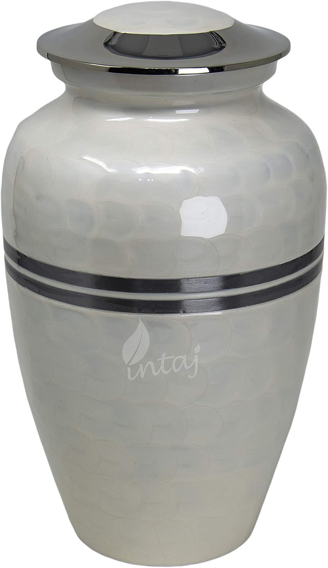 Handcrafted Cremation Urn – White Feather Design in Cloud Blue & Silver – Suitable for Adult Men & Women – 200lbs Capacity