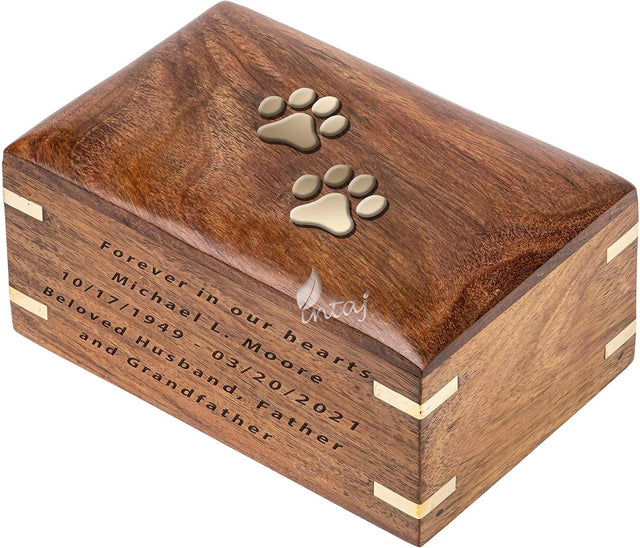 Handcarved Wooden Pet Cremation Urn – Two Paws Design – Suitable for Dogs & Cats – Memorial Keepsake Urn – M Size