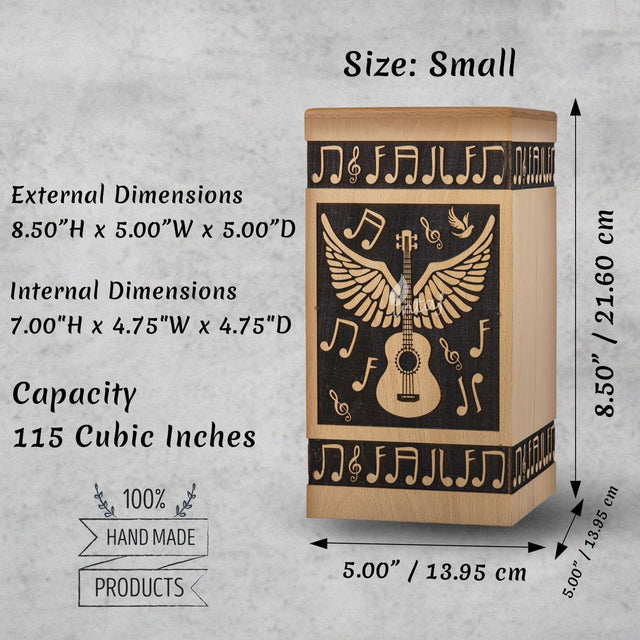 Handcarved Wooden Cremation Urn – Guitar Wings Design in Beechwood – Suitable for Adult Men & Women, Mom & Dad – 115 Cu/in Capacity