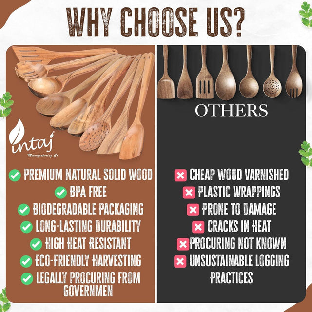 Handcrafted Teak Wooden Cooking Spoons – Ergonomic Stirring, Mixing, Scraping & Serving – Durable & Nonstick Safe – Ideal for Nonstick, Cast Iron & Ceramic Cookware – 9 Piece Set