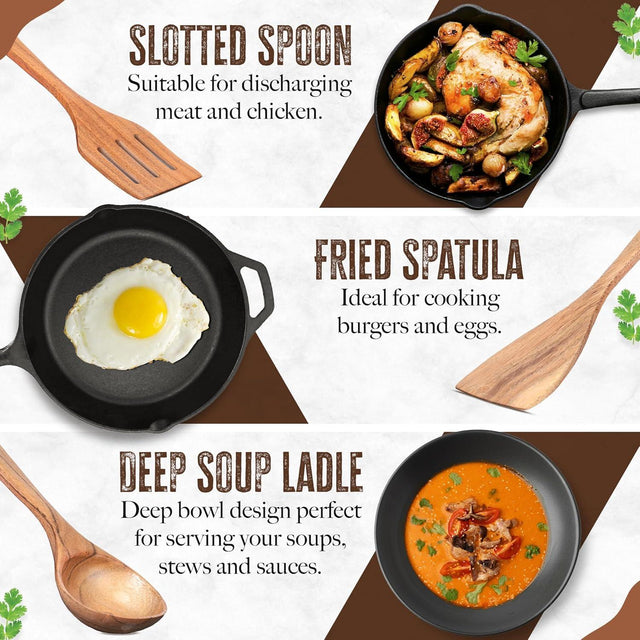 Handcrafted Teak Wooden Cooking Spoons – Ergonomic Stirring, Mixing, Scraping & Serving – Durable & Nonstick Safe – Ideal for Nonstick, Cast Iron & Ceramic Cookware – 9 Piece Set