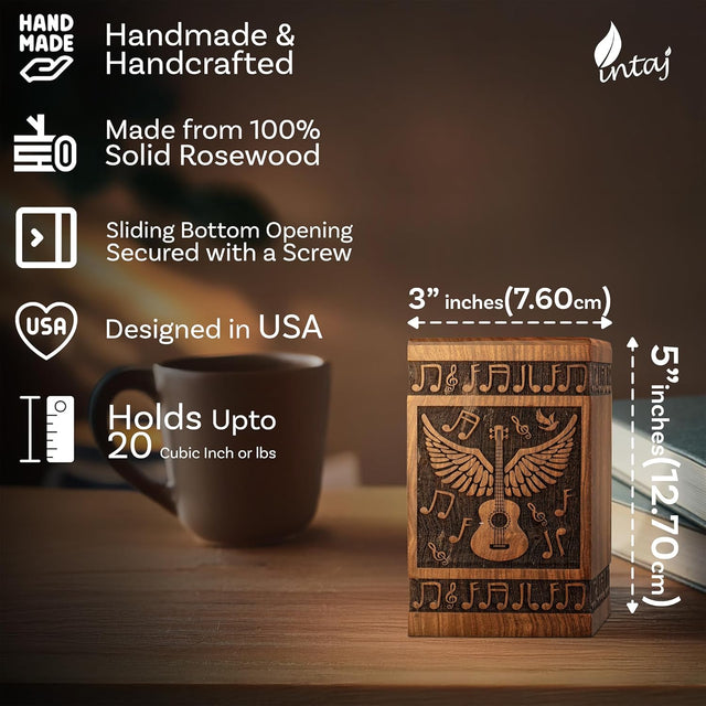 Handcarved Wooden Cremation Urn – Guitar Angel Wings Design in Rosewood – Suitable for Adult Men & Women, Mom & Dad – 20lbs Capacity