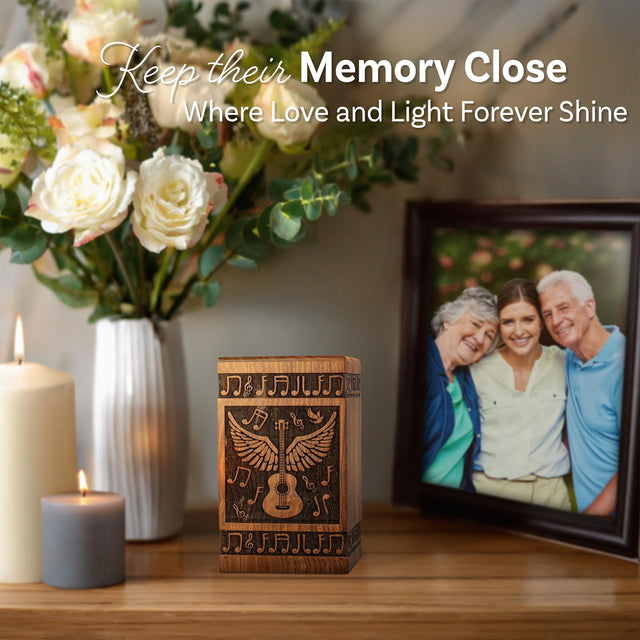 Handcrafted Wooden Cremation Urn – Guitar Wings of Angel – Suitable for Men, Women, Mom & Dad – 250lbs