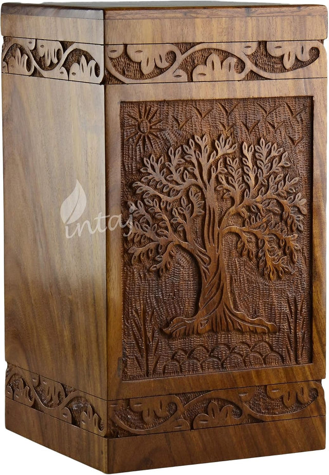 Handcarved Wooden Cremation Urn – Tree of Life Design – Suitable for Adult Men & Women, Mom & Dad – 250 Cu/in Capacity