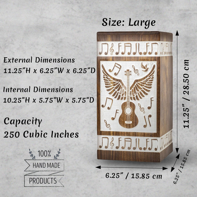 Handcarved Wooden Cremation Urn – Guitar Wings Design in Antique Rosewood – Suitable for Adult Men & Women, Mom & Dad – XS Size (20 Cu/in Capacity)