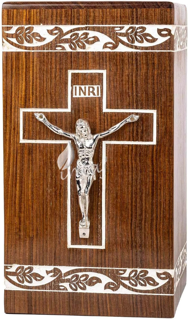 Handcarved Wooden Cremation Urn – Grace and Mercy Cross Design – Suitable for Adult Men & Women, Mom & Dad – 250 Cu/in Capacity