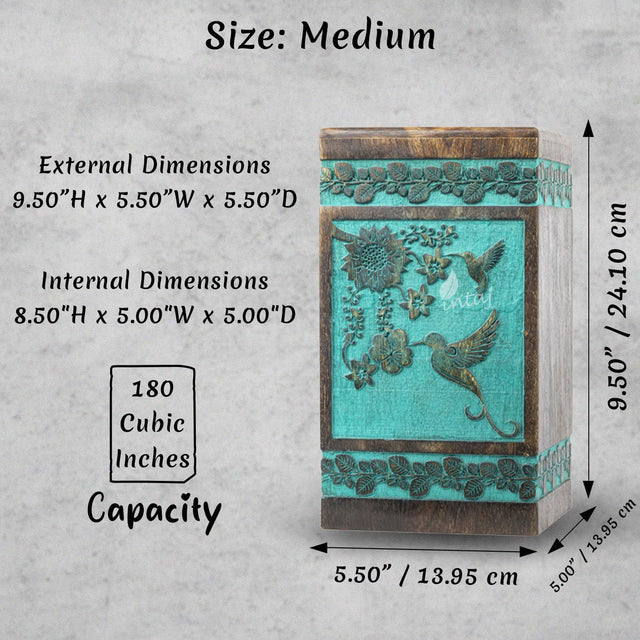 Handcarved Wooden Cremation Urn – Hummingbird Design in Rosewood – Suitable for Adult Men & Women, Mom & Dad, Pets – 180lbs Capacity