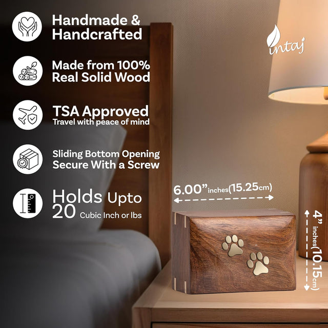 Handcarved Wooden Pet Cremation Urn – Two Paws Design – Suitable for Dogs & Cats – 6x4x2.75 Size