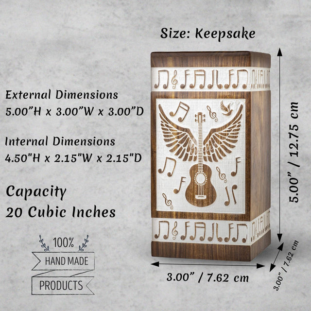 Handcrafted Wooden Cremation Urn – Guitar Wings of Angel – Suitable for Men, Women, Mom & Dad – 250lbs