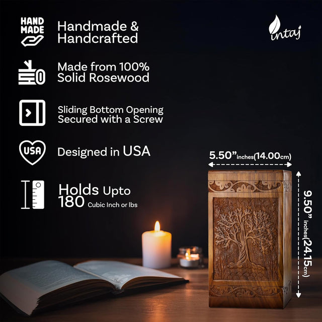 Handcarved Wooden Cremation Urn – Tree of Life Design – Suitable for Adult Men & Women, Children & Pets – 180 Cubic Inch Capacity