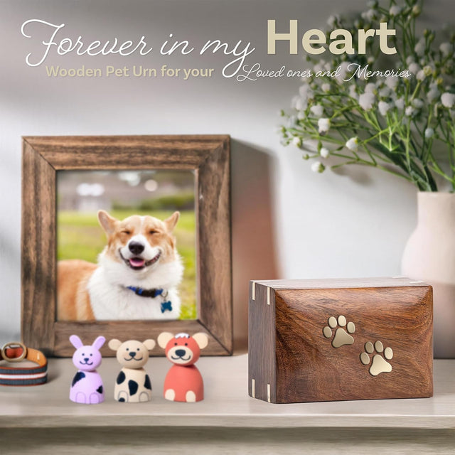 Handcarved Wooden Pet Cremation Urn – Custom Engraved Rosewood with Two Paws Inlaid Design – Suitable for Pets – 121lbs Capacity