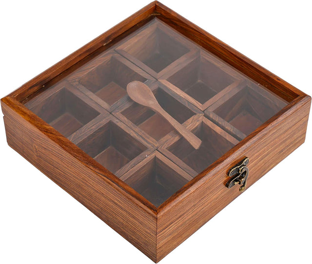 Handmade Spice Box - Wood Spice Containers for Kitchen - Rosewood Spice Racks Organizers Handcrafted - Wooden Masala Box (Rosewood, 8x8x2.5-9 Racks)