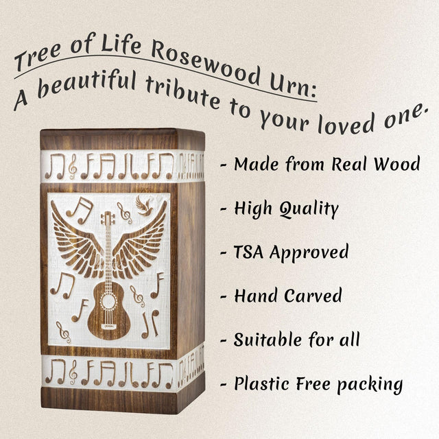 Handcrafted Wooden Cremation Urn – Guitar Wings of Angel – Suitable for Men, Women, Mom & Dad – 250lbs