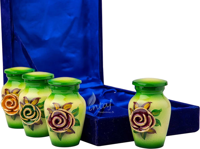 Handcrafted Floral Cremation Urn – Olive Green Rose Design – Suitable for Adult Men & Women – Keepsake Set of 4