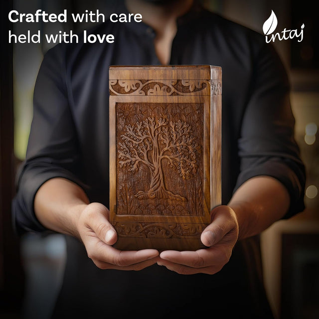 Handcarved Wooden Cremation Urn – Tree of Life Design – Suitable for Adult Men & Women, Children & Pets – 180 Cubic Inch Capacity